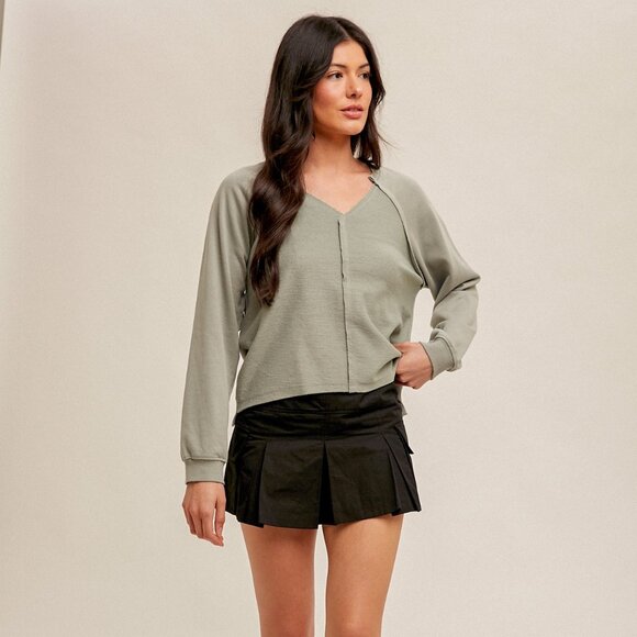 HEM & THREAD Sage Green Long Sleeve V-Neck Top, Soft Lightweight Neutral - Picture 4 of 4